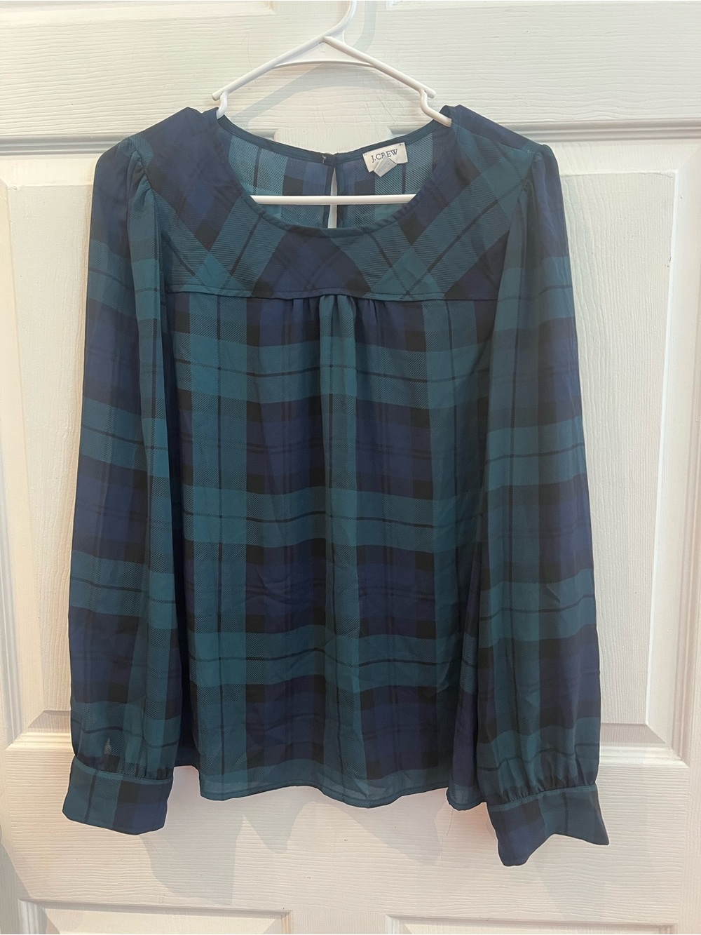 J. Crew Teal and Navy Plaid Long-Sleeve Blouse